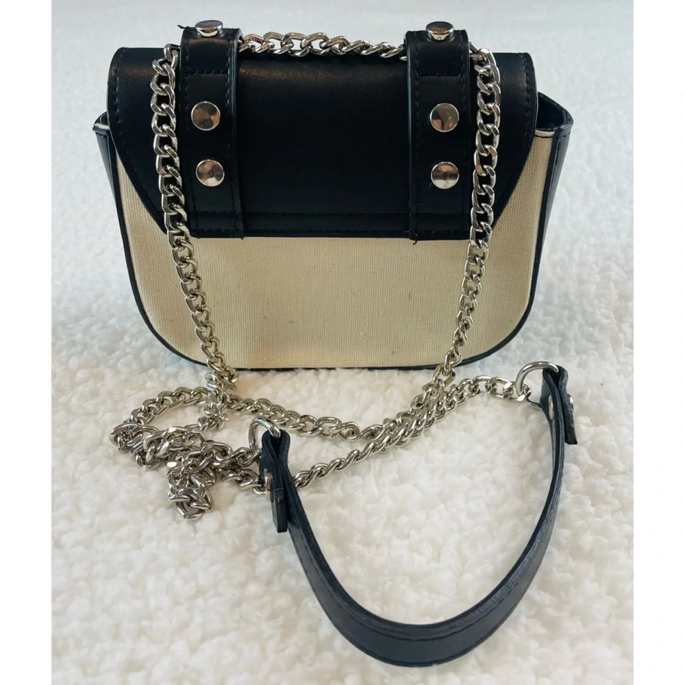 ZARA • Black/Cream Faux Leather and Canvas Studded Mini Chainlink Crossbody Bag - Picture 5 of 16